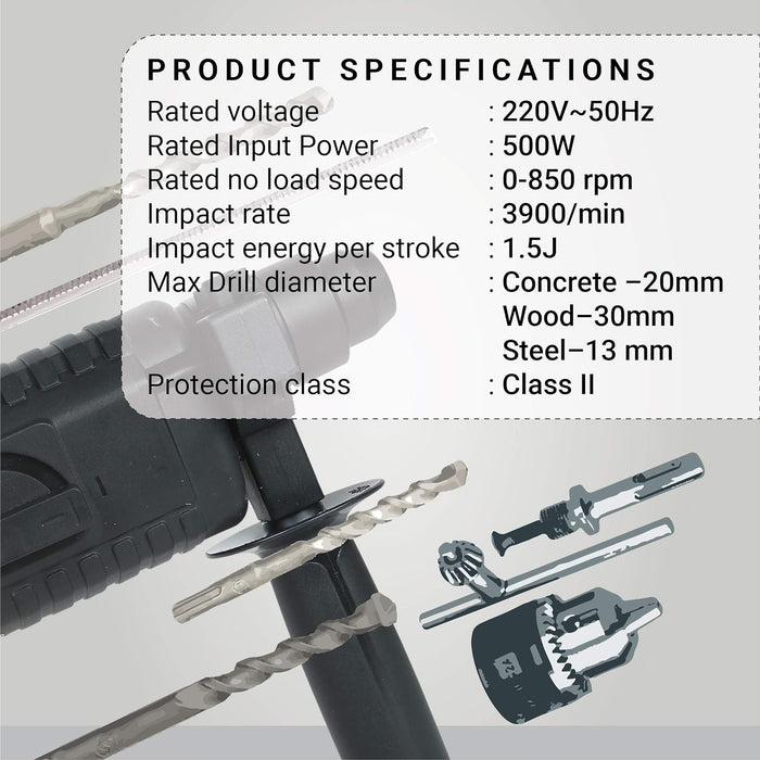 IBELL VORMIR Rotary Hammer Drill VR RH20-23, 500W, Copper Armature, 850RPM, Speed 3900/min, SDS Plus Chuck 20mm, 1.5J with Accessories