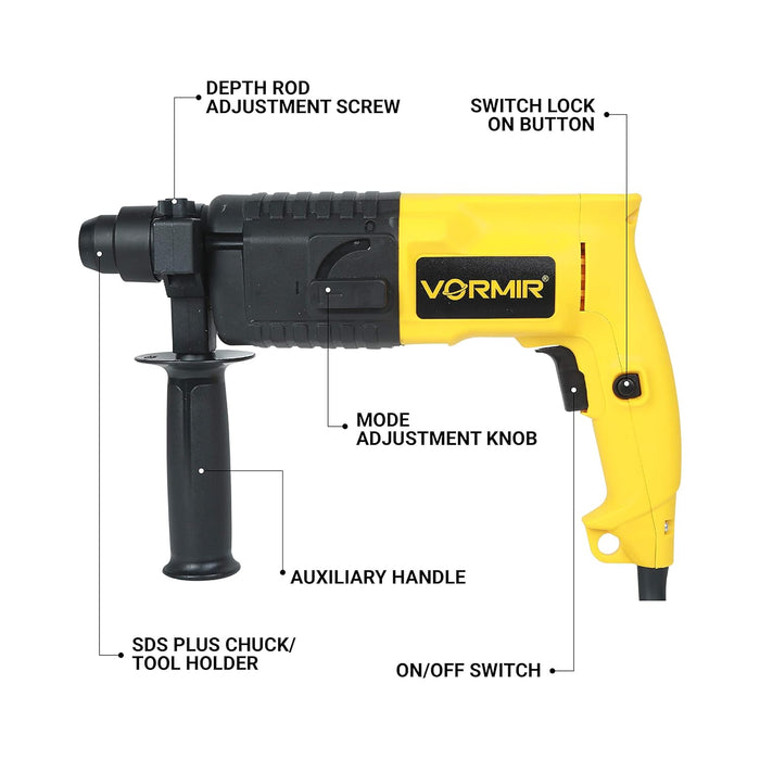 IBELL VORMIR Rotary Hammer Drill VR RH20-23, 500W, Copper Armature, 850RPM, Speed 3900/min, SDS Plus Chuck 20mm, 1.5J with Accessories