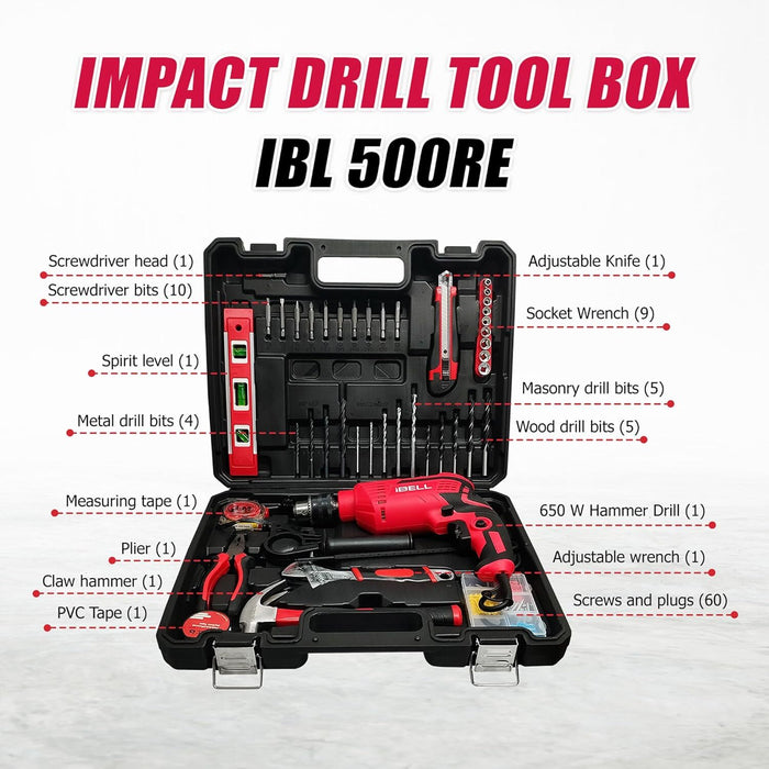 IBELL Professional 500RE Impact Drill Tool Kit | 650W Copper Motor | 13mm Chuck | 101-Piece Home & DIY Accessories Set | Variable Speed up to 2800 RPM | Durable Carry Case- 6 Months Warranty