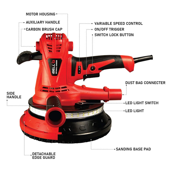 IBELL Dry Wall Sander DS25-80, 1300W, Copper Armature, Sanding Dia 215mm (8.5") 1400-2600RPM with 10 Hole Vacuum and LED Light