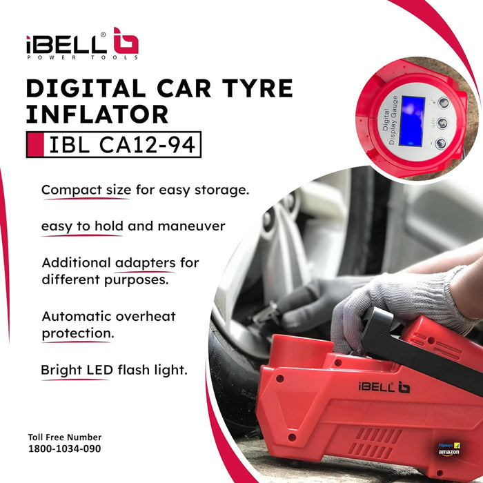 IBELL CA12-94 Digital Tyre Inflator/Air Compressor for car, 150W, Metal Cylinder, 35L/min, 12V DC, 150 PSI