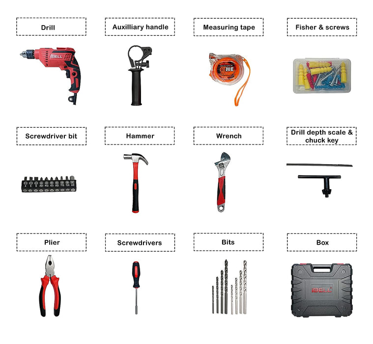 IBELL Professional Tool Kit with Impact Drill TD13-85, 650W, Copper Armature, Chuck 13mm, 59 Home Essential Tools/Accessories