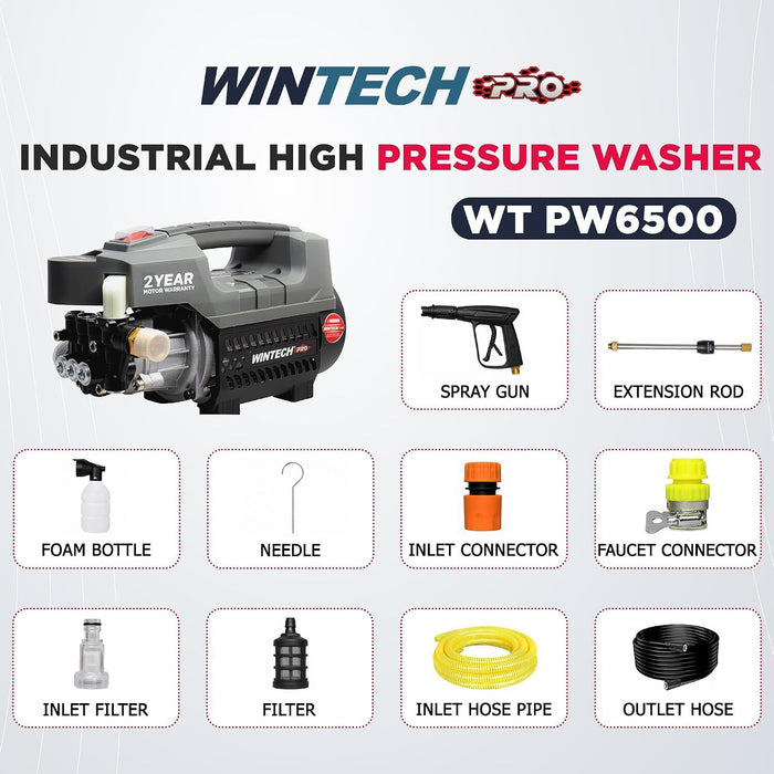 WINTECH PRO WT PW6500 1600W High Pressure Washer Induction Motor | 130 Bar, 400 L/hr | Energy Saving High-Efficiency Motor | Includes 8M Hose, Pressure Gun, Foam Pot & Filters | 2 Years Warranty