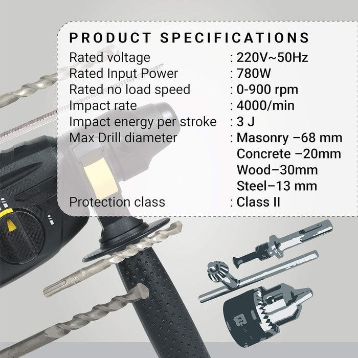 IBELL VORMIR Rotary Hammer Drill VR RH26-26, SDS Plus Chuck 26mm, 780W, Copper Armature, 900RPM, Speed 4000/min, Impact Energy 3J