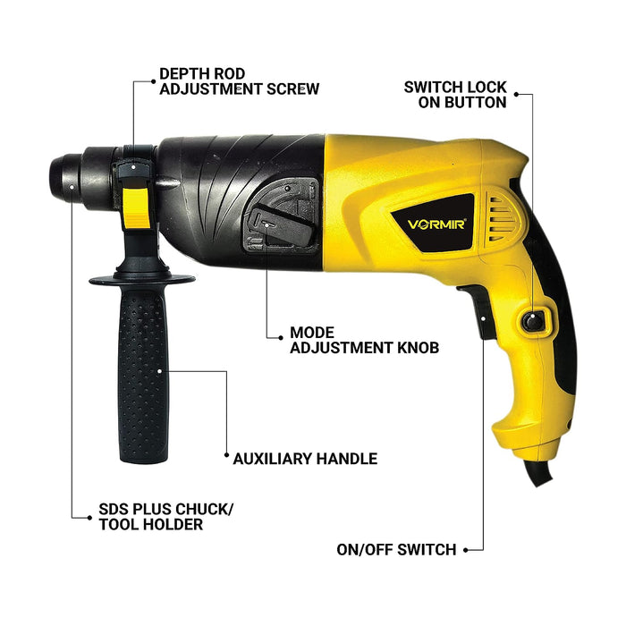 IBELL VORMIR Rotary Hammer Drill VR RH20-25, 500W, Copper Armature, SDS Plus 20 mm, Heavy Duty Safety Clutch 2 Functions with Vibration Control, Chisels and Drill Bits with Case