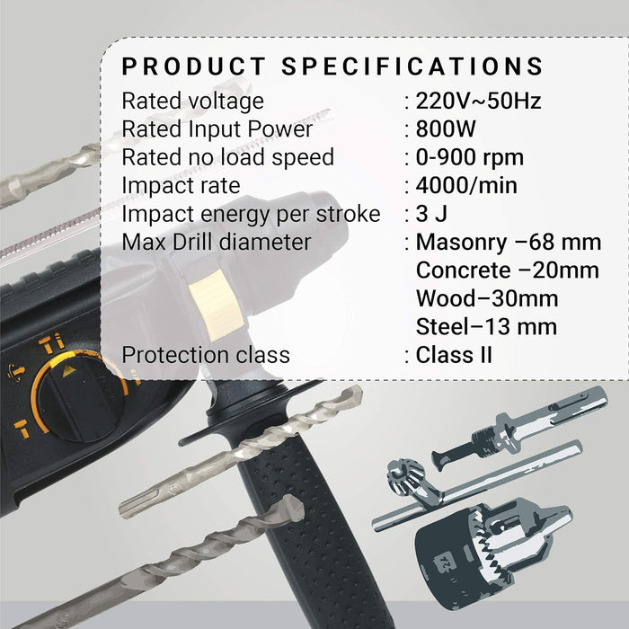 IBELL VORMIR Rotary Hammer Drill Machine VR RH 26-24, SDS Chuck, 800W, Copper Armature, 900RPM, Speed 4000/min, 26 mm, Impact Energy 3J