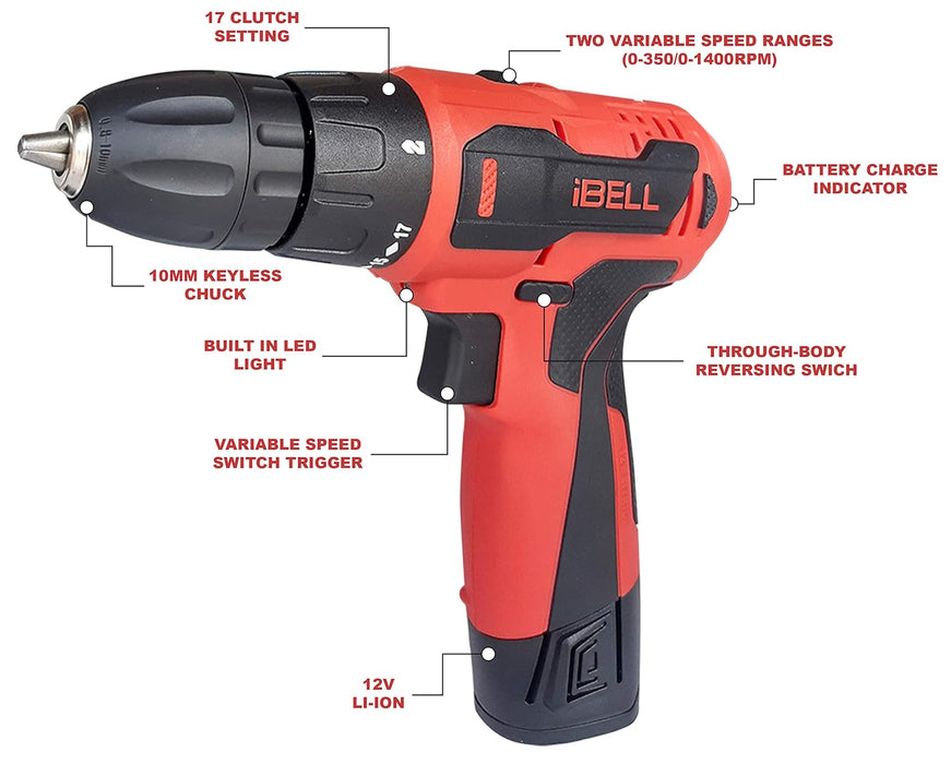 iBELL Cordless Drill Driver CD1274, 12Volts,1 Battery+BMC Box + Extr