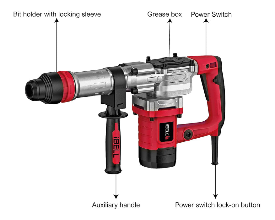 IBELL Demolition Hammer DH20-45, 6.8 Kg, 1500W, Copper Armature, Impact 3700/min, Energy 20J, Chuck capacity 18mm SDS Max, with Anti vibration control handle