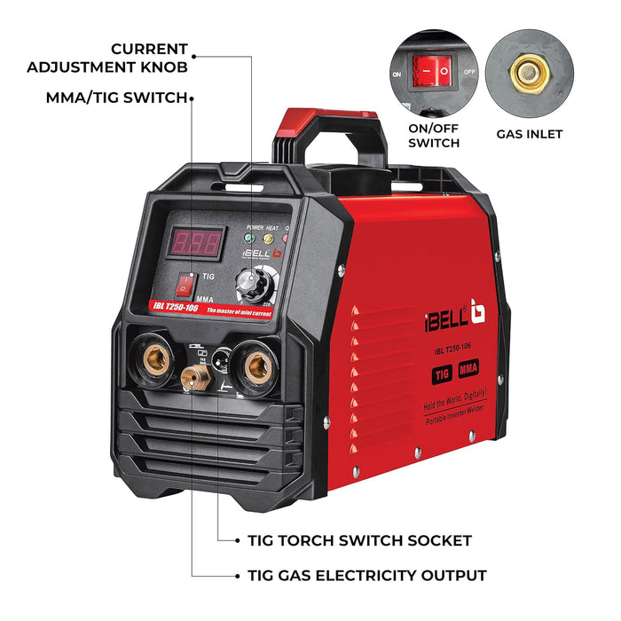 iBELL TIG/MMA Welding Machine (T250-106), 250A, 220V, Inverter IGBT, Anti Stick, with 10nos Tungsten Rods & All Accessories Included - 1 Year Warranty