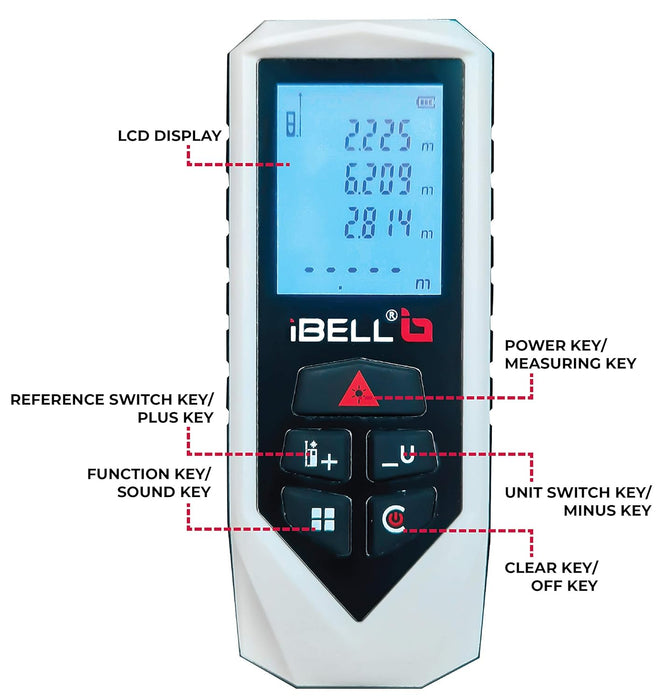 IBELL DM60-02 Classic Laser Measure 196Ft/60M Mute Laser Distance Meter with Backlit LCD and Pythagorean Mode, Area and Volume, Battery, Pouch and Hand Strap Included