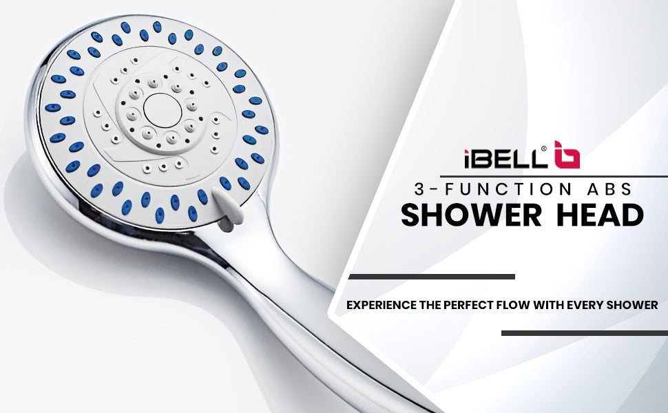 IBL 90 AB iBELL 3-Function ABS Shower Head | Water-Saving Rain Shower Head | Chrome Finish with Silica Gel Outlet | Includes 150 cm Stainless Steel Hose | Bathroom Accessories