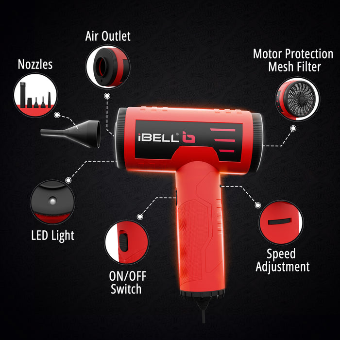 iBell AD20-10 High-Efficiency Compressed Air Duster | 220W, 20,000-105,000 RPM | Brushless Powerful Motor with 3m Cord & Back Grille Protection | Lightweight Blower for Electronics and Inflatables
