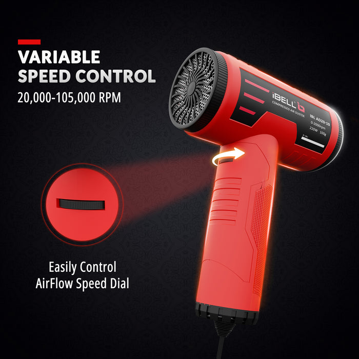 iBell AD20-10 High-Efficiency Compressed Air Duster | 220W, 20,000-105,000 RPM | Brushless Powerful Motor with 3m Cord & Back Grille Protection | Lightweight Blower for Electronics and Inflatables