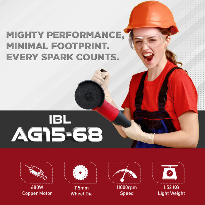 iBELL Angle Grinder AG15-68, 680W Heavy Duty, Copper Armature, Disc Dia 115mm, 11000 RPM with Grinding Wheel and Guard.