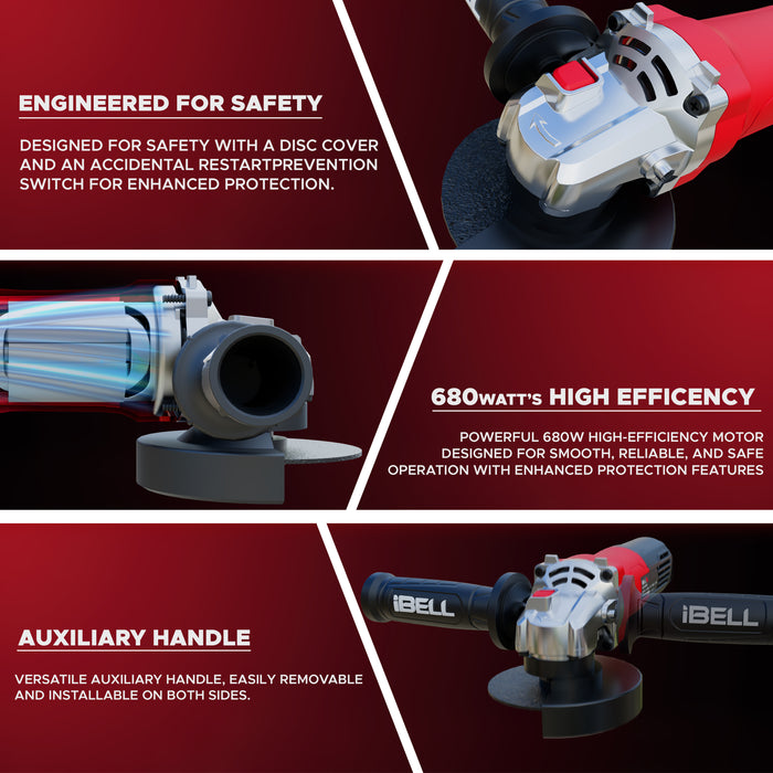 iBELL Angle Grinder AG15-68, 680W Heavy Duty, Copper Armature, Disc Dia 115mm, 11000 RPM with Grinding Wheel and Guard.