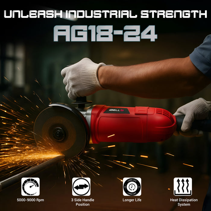iBELL AG18-24 Heavy Duty Angle Grinder, 2400W Electric Grinder Machine, 8500 RPM, 180mm (7”) Disc, Class II Protection, Professional Metal Cutting, Grinding, Polishing & Sanding Power Tool – 6 Months Warranty