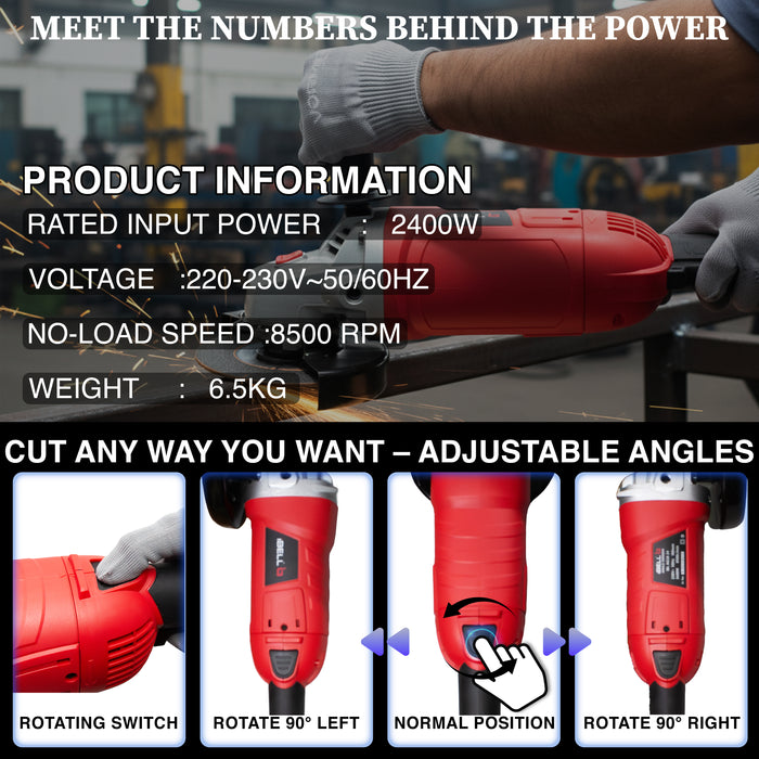 iBELL AG18-24 Heavy Duty Angle Grinder, 2400W Electric Grinder Machine, 8500 RPM, 180mm (7”) Disc, Class II Protection, Professional Metal Cutting, Grinding, Polishing & Sanding Power Tool – 6 Months Warranty