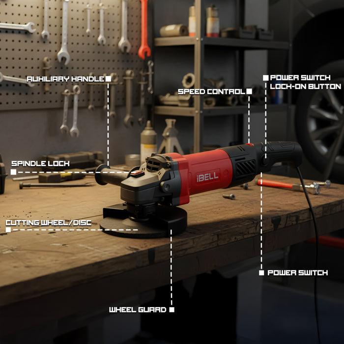iBELL Angle Grinder IBL AG25-06 | 1100W High-Performance Heavy-Duty Tool | 125mm (5-inch) Disc Diameter | 11,000 RPM Variable Speed for Precision Cutting & Grinding | Class II Safety | 6 Months Warranty