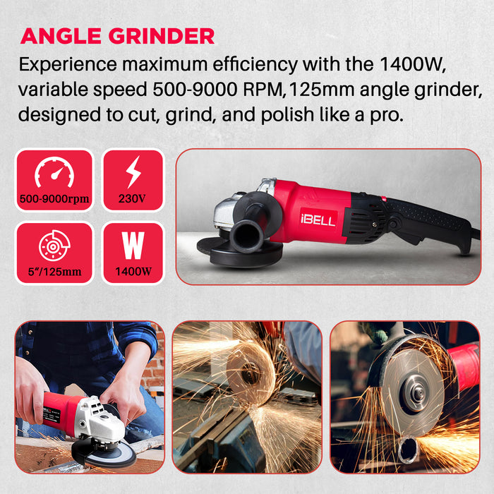 iBELL AG25-50S Variable Speed Angle Grinder - 1400W, 5” Disc, 0-9000 RPM