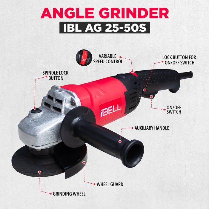iBELL AG25-50S Variable Speed Angle Grinder - 1400W, 5” Disc, 0-9000 RPM