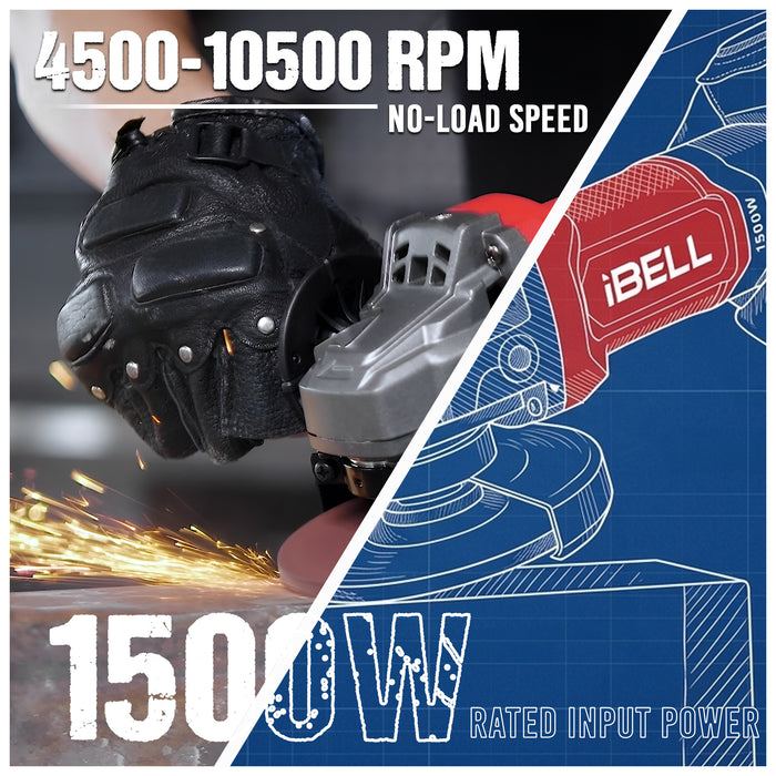 IBELL AGB150 Brushless AC Angle Grinder 1500W | Variable Speed 4500–10500 RPM | 100mm & 125mm Disc Compatible | Heavy-Duty Electric Grinder for Cutting, Grinding & Polishing