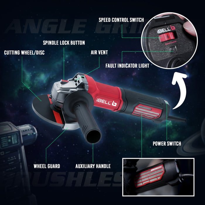 IBELL AGB150 Brushless AC Angle Grinder 1500W | Variable Speed 4500–10500 RPM | 100mm & 125mm Disc Compatible | Heavy-Duty Electric Grinder for Cutting, Grinding & Polishing