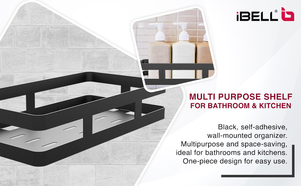 IBL FX 01 iBELL Heavy Duty Self-Adhesive Multipurpose Bathroom & Kitchen Shelf Rack, Wall-Mounted Organizer (Black)