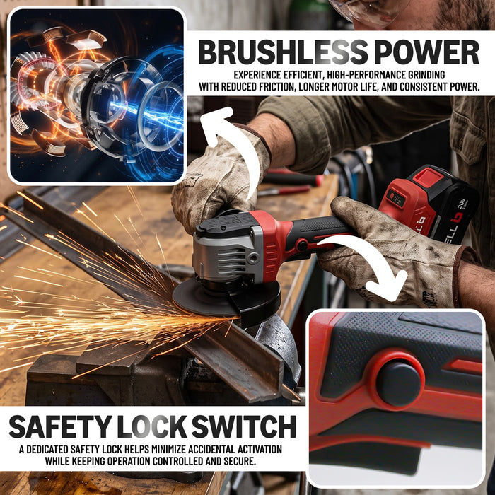 iBELL IBL BA20-95 Cordless Angle Grinder 20V DC, 1000W Max Power, Brushless Motor, 0–9500 RPM, 125mm Disc, M14 Spindle, Electric Grinder for Cutting, Grinding & Polishing, 12 Months Warranty