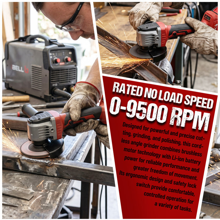 iBELL IBL BA20-95 Cordless Angle Grinder 20V DC, 1000W Max Power, Brushless Motor, 0–9500 RPM, 125mm Disc, M14 Spindle, Electric Grinder for Cutting, Grinding & Polishing, 12 Months Warranty