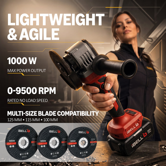 iBELL IBL BA20-95 Cordless Angle Grinder 20V DC, 1000W Max Power, Brushless Motor, 0–9500 RPM, 125mm Disc, M14 Spindle, Electric Grinder for Cutting, Grinding & Polishing, 12 Months Warranty