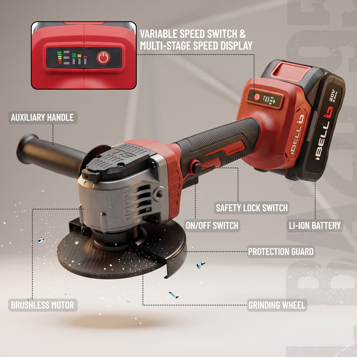 iBELL IBL BA20-95 Cordless Angle Grinder 20V DC, 1000W Max Power, Brushless Motor, 0–9500 RPM, 125mm Disc, M14 Spindle, Electric Grinder for Cutting, Grinding & Polishing, 12 Months Warranty
