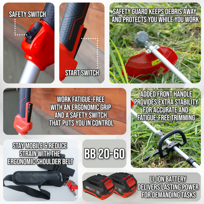 iBELL BB20-60 Cordless Brush Cutter / Grass Cutter / Trimmer (20V + 20V) with 2 Battery | BLDC Motor 5800 RPM | 4.0Ah Battery & Dual Charger | Blade & Trimmer Head | Garden, Lawn, Yard