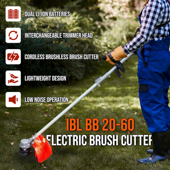iBELL BB20-60 Cordless Brush Cutter / Grass Cutter / Trimmer (20V + 20V) with 2 Battery | BLDC Motor 5800 RPM | 4.0Ah Battery & Dual Charger | Blade & Trimmer Head | Garden, Lawn, Yard