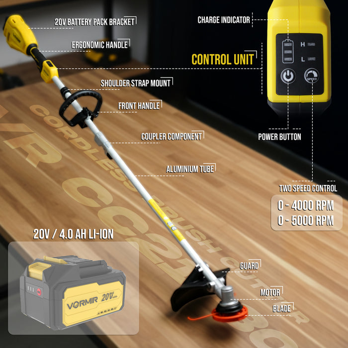 iBELL VORMIR VR BB21-30 20V Cordless Brush Cutter | BLDC Motor | 4000/5000 RPM Dual Speed | Ø255mm Cutting Blade | 4.0Ah Li-ion Battery | Lightweight Garden Tool | 6 Months Warranty