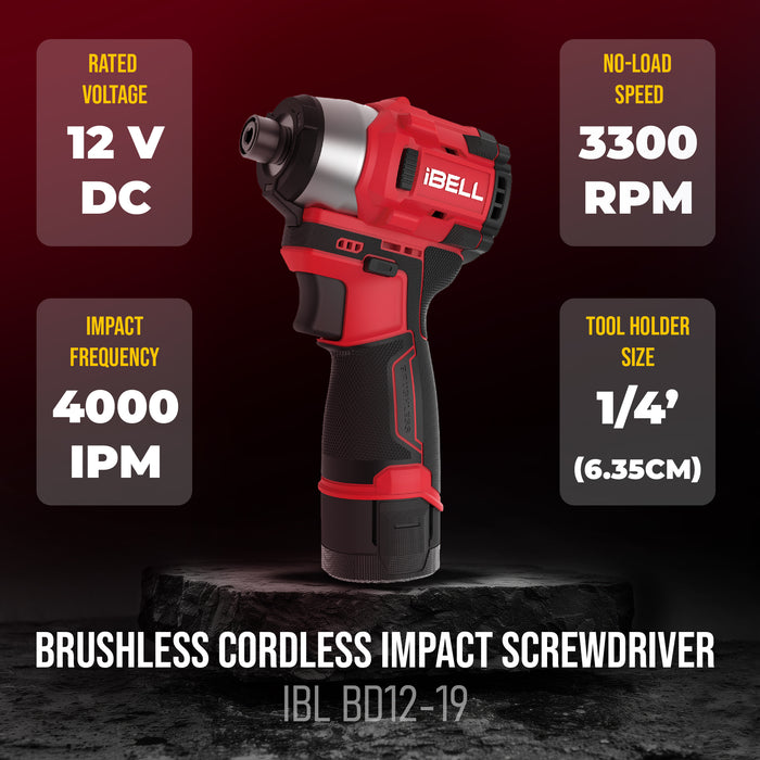IBELL IBL BD12-19 12V Brushless Cordless Impact Screwdriver | 185Nm Torque | 2-Speed | Forward & Reverse | 1/4" Hex (6.35mm) | Self-Tapping Mode | 1500mAh Battery | 12 Months Warranty