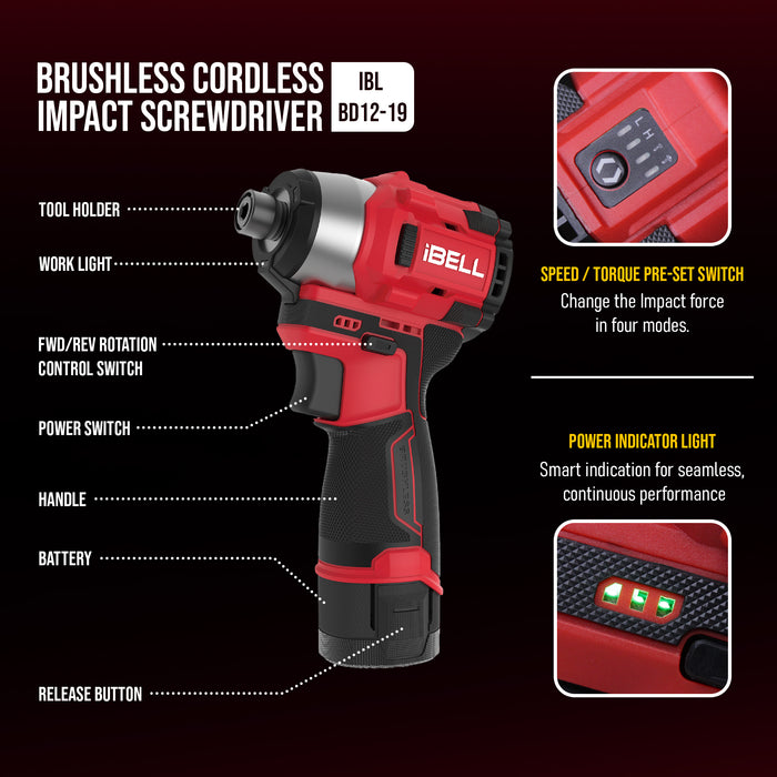 IBELL IBL BD12-19 12V Brushless Cordless Impact Screwdriver | 185Nm Torque | 2-Speed | Forward & Reverse | 1/4" Hex (6.35mm) | Self-Tapping Mode | 1500mAh Battery | 12 Months Warranty