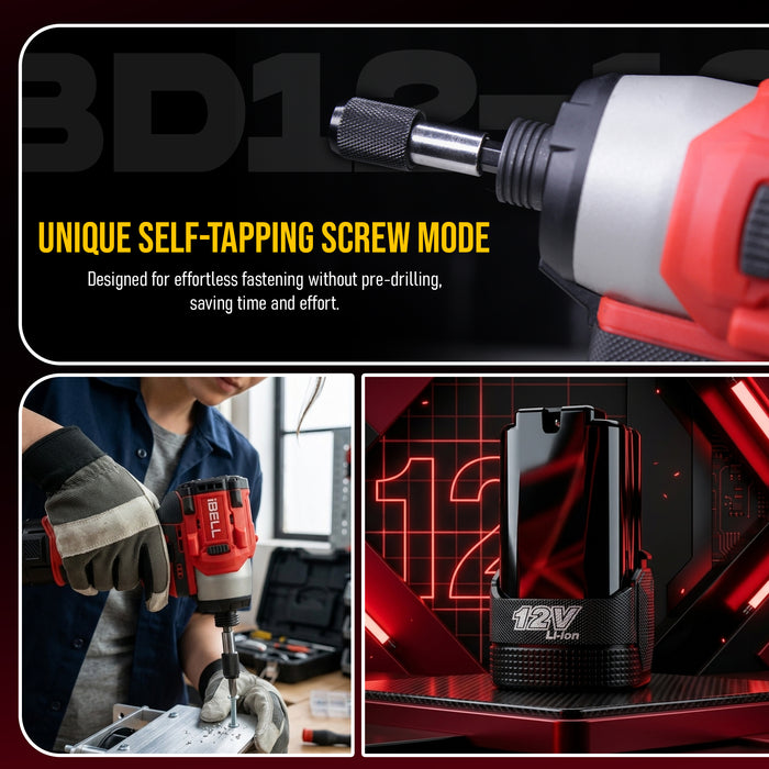 IBELL IBL BD12-19 12V Brushless Cordless Impact Screwdriver | 185Nm Torque | 2-Speed | Forward & Reverse | 1/4" Hex (6.35mm) | Self-Tapping Mode | 1500mAh Battery | 12 Months Warranty