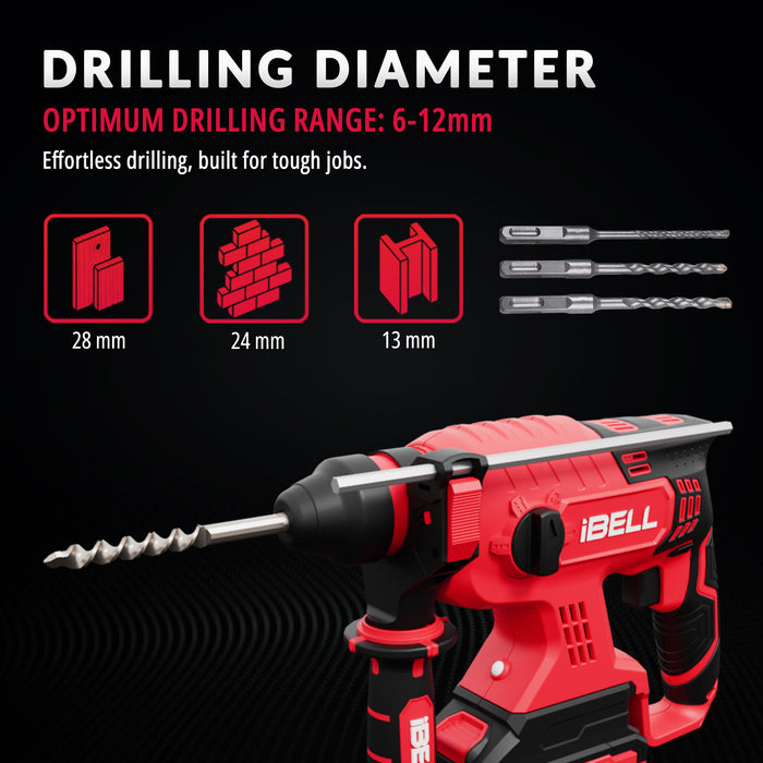 iBell BH22-47 Cordless Rotary Hammer Drill Brushless|20V DC Battery|13mm SDS Plus|0-1400 RPM|2.2 J Impact Energy|4 Modes for Concrete, Masonry, Wood, Steel|Includes 4Ah battery and charger in BMC box