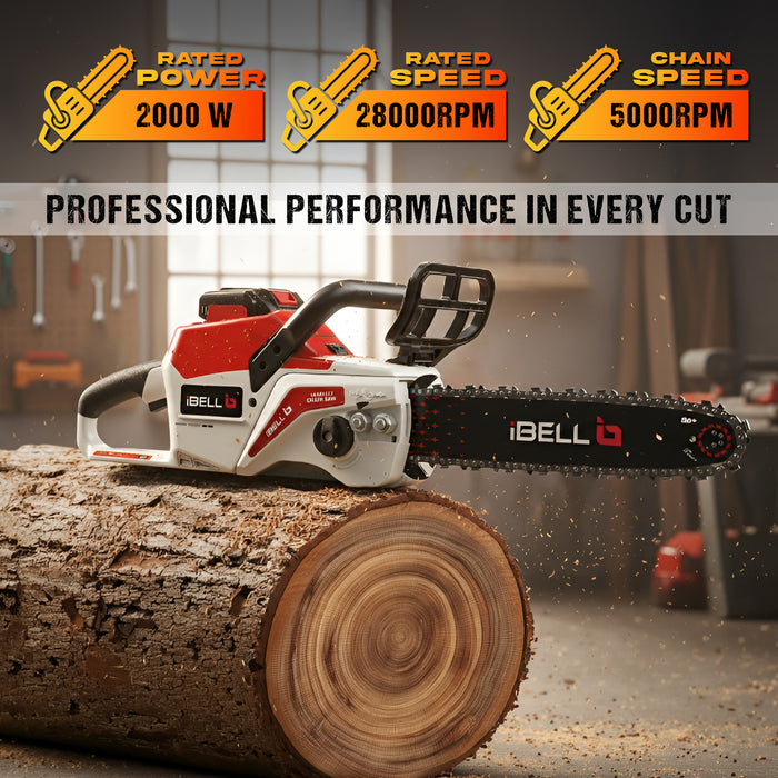 iBELL IBL BS40-16 Cordless Brushless Chainsaw 40V | 2000W High-Performance Motor | 28000RPM | 16" Guide Bar | Automatic Chain Lubrication | Low Kickback Design | Plug-In Wood Teeth