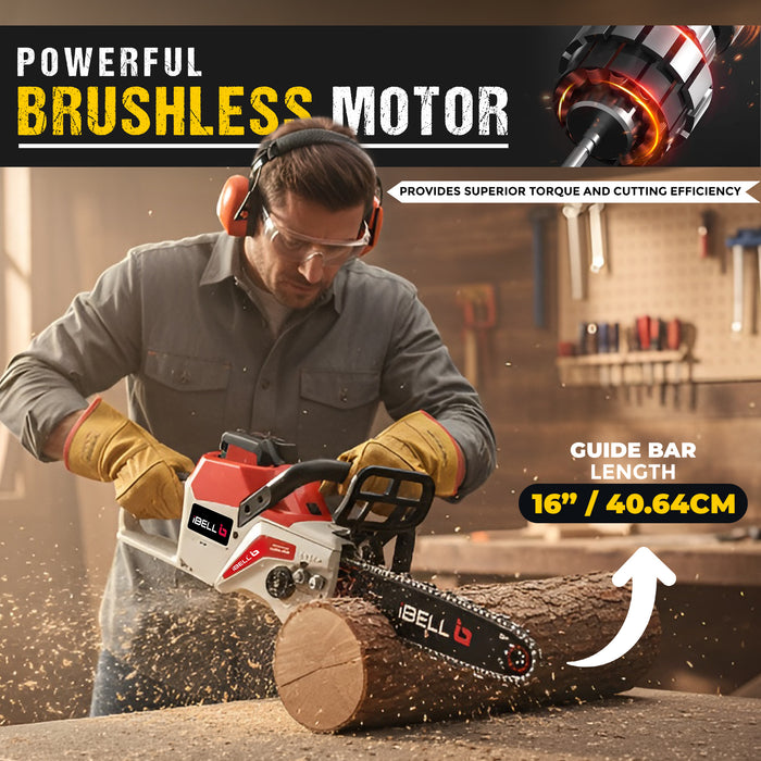 iBELL IBL BS40-16 Cordless Brushless Chainsaw 40V | 2000W High-Performance Motor | 28000RPM | 16" Guide Bar | Automatic Chain Lubrication | Low Kickback Design | Plug-In Wood Teeth