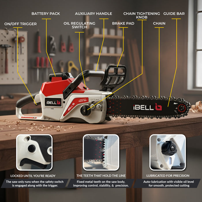 iBELL IBL BS40-16 Cordless Brushless Chainsaw 40V | 2000W High-Performance Motor | 28000RPM | 16" Guide Bar | Automatic Chain Lubrication | Low Kickback Design | Plug-In Wood Teeth