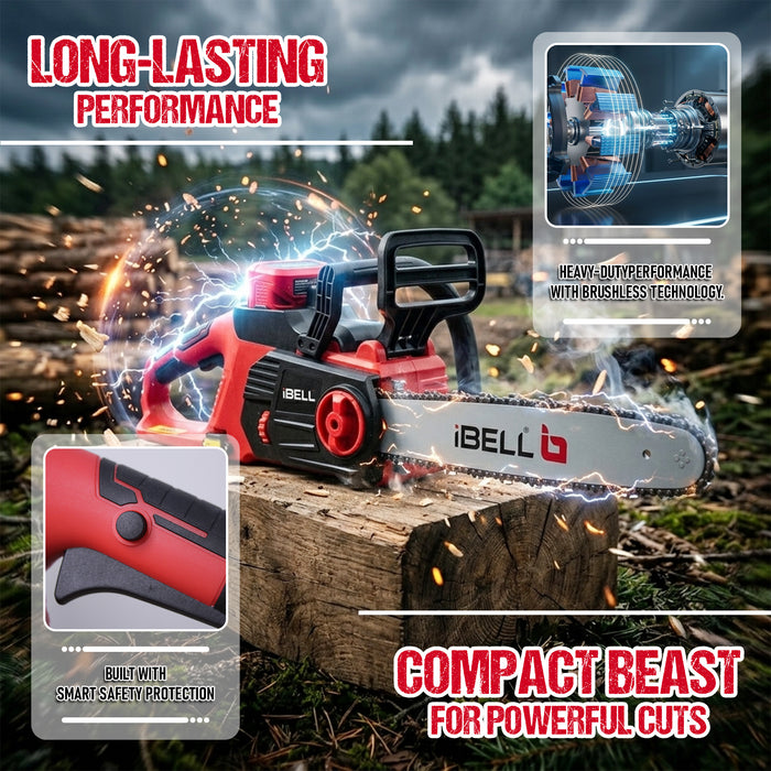 iBELL IBL BS40-17 Cordless Chainsaw 40V DC | 1650W Electric Power Saw for Wood Cutting & Tree Trimming | 16-Inch (405mm) Guide Bar Battery Chainsaw | 7500RPM High-Speed Motor | 15m/s Chain Speed Branch Cutting Tool
