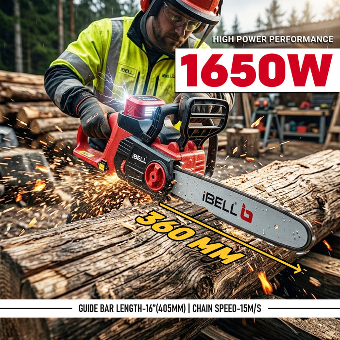iBELL IBL BS40-17 Cordless Chainsaw 40V DC | 1650W Electric Power Saw for Wood Cutting & Tree Trimming | 16-Inch (405mm) Guide Bar Battery Chainsaw | 7500RPM High-Speed Motor | 15m/s Chain Speed Branch Cutting Tool