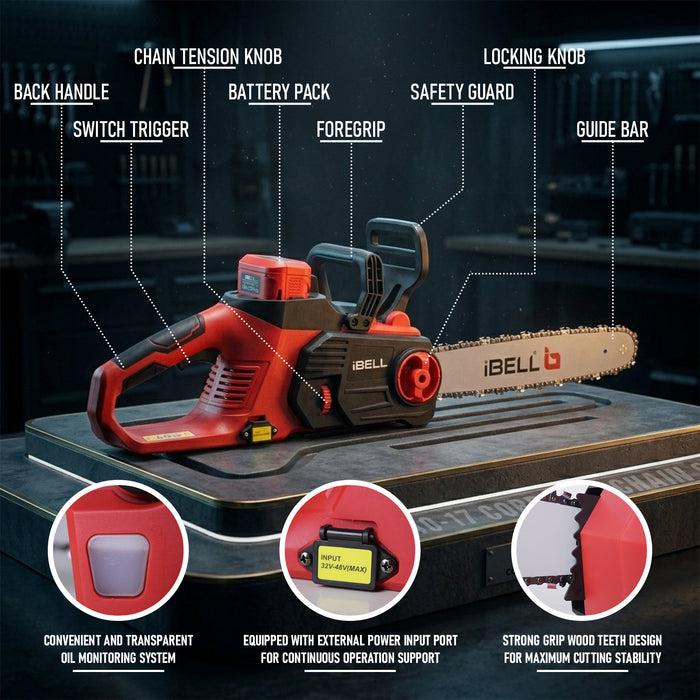 iBELL IBL BS40-17 Cordless Chainsaw 40V DC | 1650W Electric Power Saw for Wood Cutting & Tree Trimming | 16-Inch (405mm) Guide Bar Battery Chainsaw | 7500RPM High-Speed Motor | 15m/s Chain Speed Branch Cutting Tool