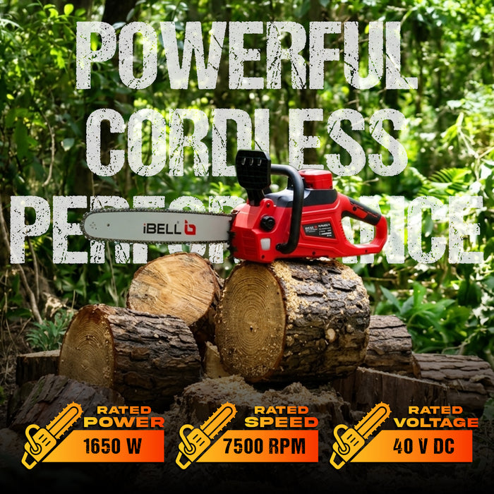 iBELL IBL BS40-17 Cordless Chainsaw 40V DC | 1650W Electric Power Saw for Wood Cutting & Tree Trimming | 16-Inch (405mm) Guide Bar Battery Chainsaw | 7500RPM High-Speed Motor | 15m/s Chain Speed Branch Cutting Tool