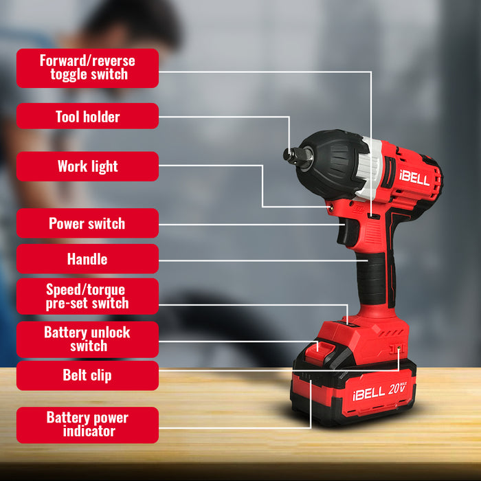 IBELL One Power Series Cordless Impact Wrench Brushless BW 20-50 20V 1/2" 500Nm 4Ah Battery &Â Charger+BMCÂ BOX-12 months warranty