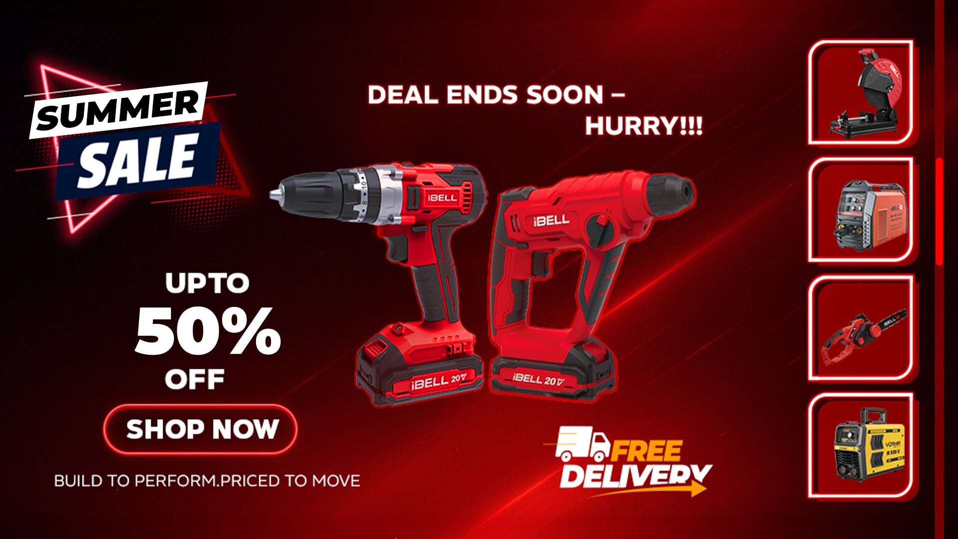 Promotional image of iBELL power tools with summer sale text and urgency cues on a red background.