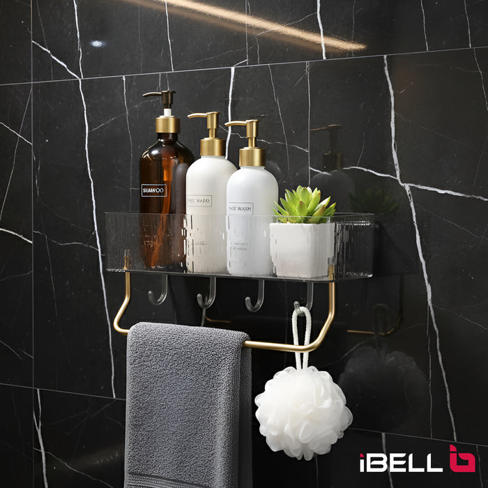 IBL AS-TH iBELL Waterproof No-Punch Shower Shelf Organizer with Hooks & Towel Rack | Bathroom Storage Rack for Shampoo & Shower Gel | Easy Installation Shower Caddy