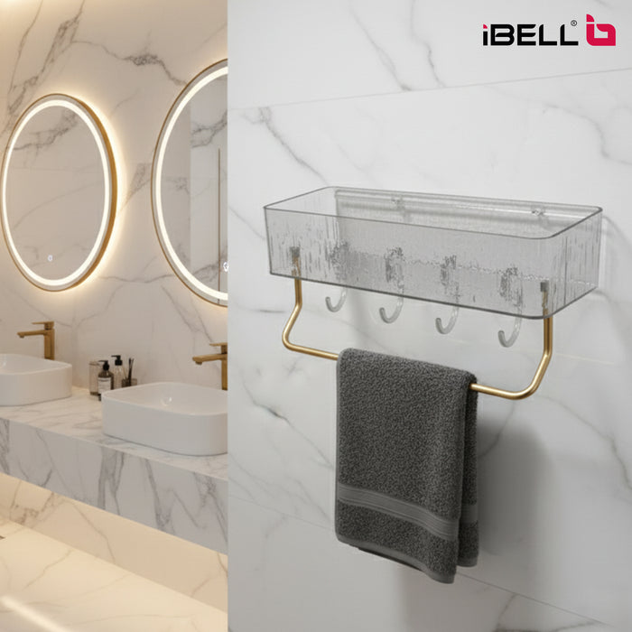 IBL AS-TH iBELL Waterproof No-Punch Shower Shelf Organizer with Hooks & Towel Rack | Bathroom Storage Rack for Shampoo & Shower Gel | Easy Installation Shower Caddy