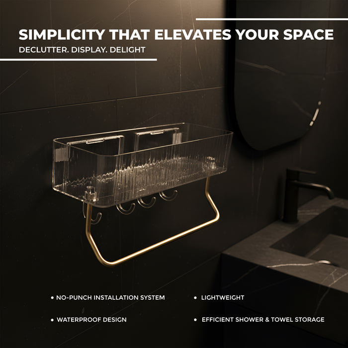 IBL AS-TH iBELL Waterproof No-Punch Shower Shelf Organizer with Hooks & Towel Rack | Bathroom Storage Rack for Shampoo & Shower Gel | Easy Installation Shower Caddy